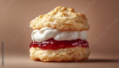 Delicious biscuit layered with cream and strawberry jam, perfect for desserts and tea time indulgence. photo