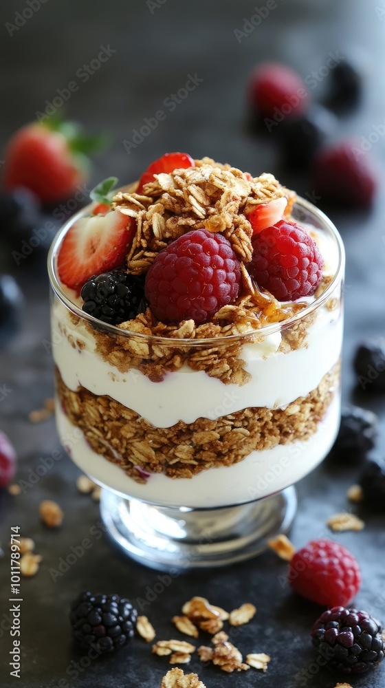 Delicious parfait with layers of yogurt, granola, and mixed berries, perfect for a healthy breakfast or dessert.