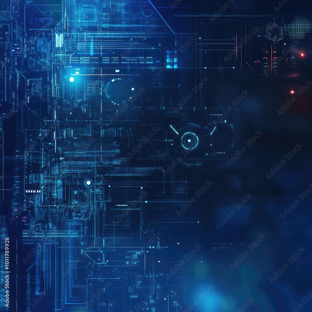 Obraz premium Futuristic technology background with intricate circuit patterns and blue glowing elements for digital design projects.