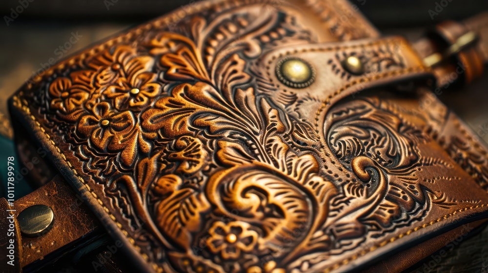 Handmade wallet with intricate designs, artistic and stylish, Artisan, Soft tones, Photograph, Craftsmanship Handmade wallet with intricate designs, artistic and stylish, Artisan, Soft tones, Photograph, Craftsmanship