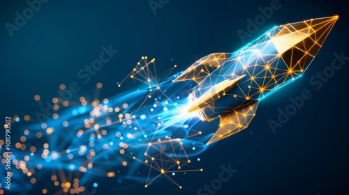 a golden digital rocket in low poly wireframe, space exploration and advanced propulsion systems, product and service launch, startup, development. sustainable economic growth powered by technology.	
