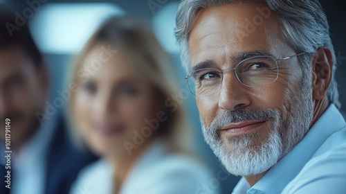 Senior man with glasses smiling in a business meeting