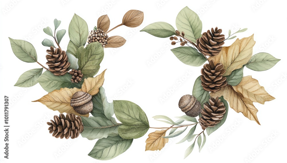 Obraz premium Pinecone and leaf wreath illustration