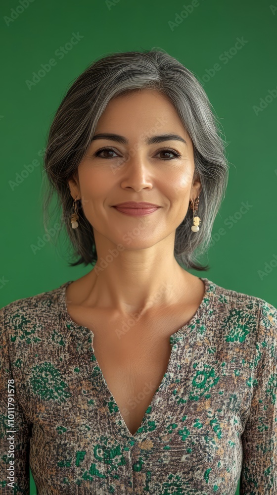 A kind middle-aged teacher with gray hair smiles warmly against a vibrant green background, embodying positivity in the classroom