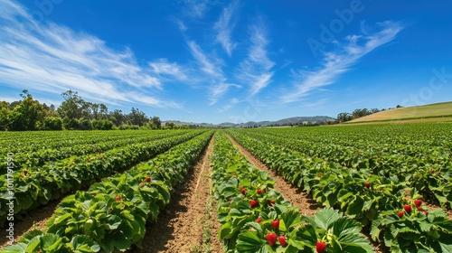 Lush Strawberry Field Under Blue Sky photo