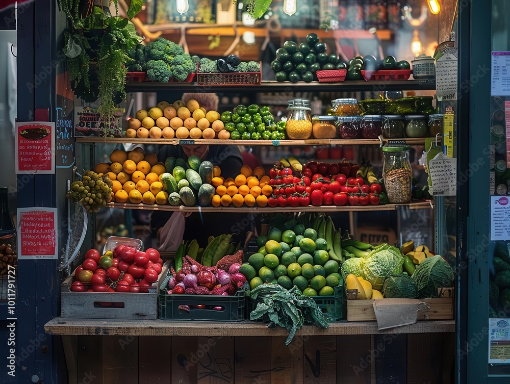 Organic food stand with fresh produce, vibrant and inviting, Urban, Bright hues, Photograph, Green living Organic food stand with fresh produce, vibrant and inviting, Urban, Bright hues, Photograph, Green living