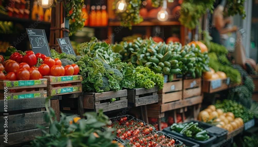 Organic food stand with fresh produce, vibrant and inviting, Urban, Bright hues, Photograph, Green living Organic food stand with fresh produce, vibrant and inviting, Urban, Bright hues, Photograph, Green living