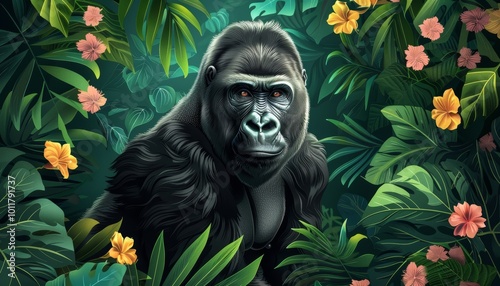 Powerful gorilla in dense jungle habitat 