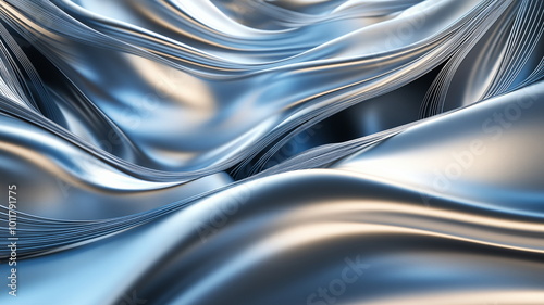 Futuristic flowing structure composed of thin parallel metallic lines and reflective surfaces