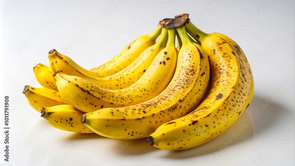 A bunch of ripe bananas with brown spots on a white background. A bunch of ripe bananas with brown spots on a white background.