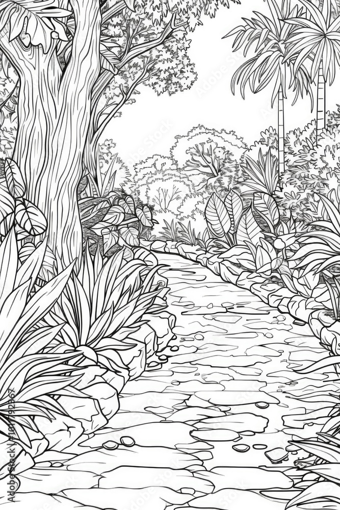 Coloring book illustration of a walking path in a lush garden setting Coloring book illustration of a walking path in a lush garden setting