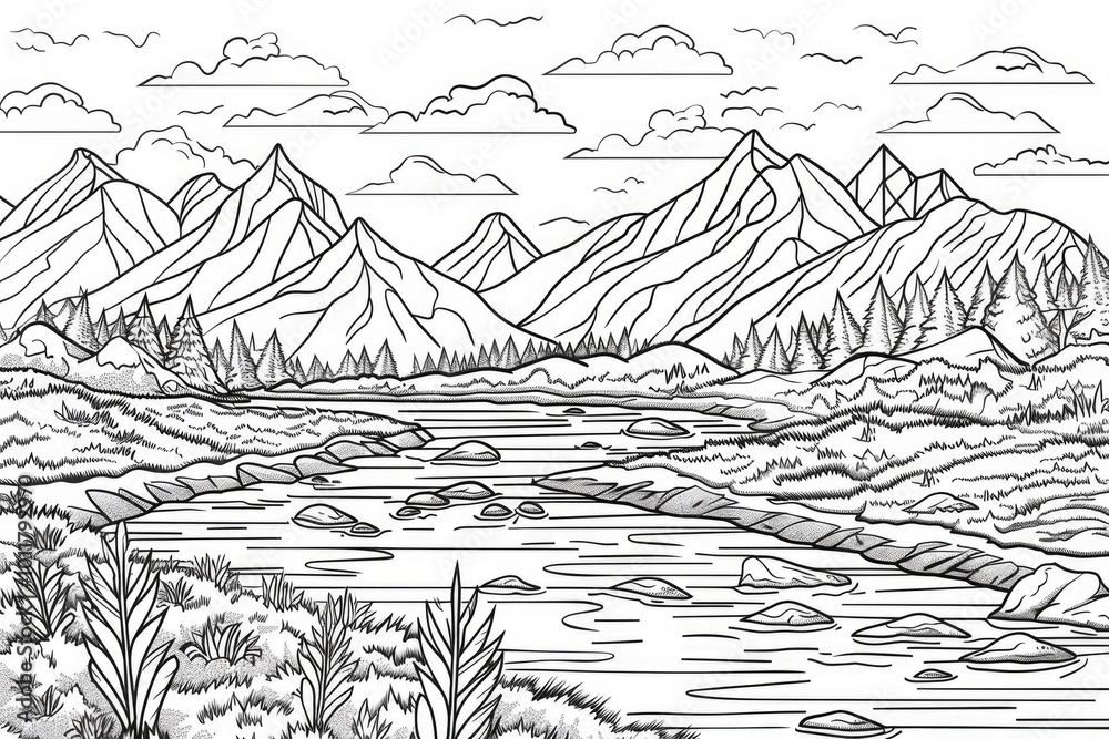 Coloring book illustration of an autumn landscape featuring a river and mountains under evening light with clouds and tundra Coloring book illustration of an autumn landscape featuring a river and mountains under evening light with clouds and tundra