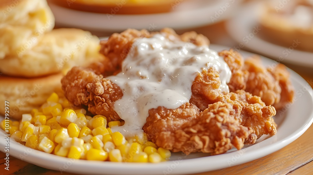 Golden fried chicken with creamy mashed potatoes and vegetables Golden fried chicken with creamy mashed potatoes and vegetables