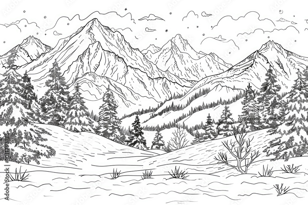 Fototapeta premium Coloring book illustration of a winter ski scene with snow covered mountains and trees