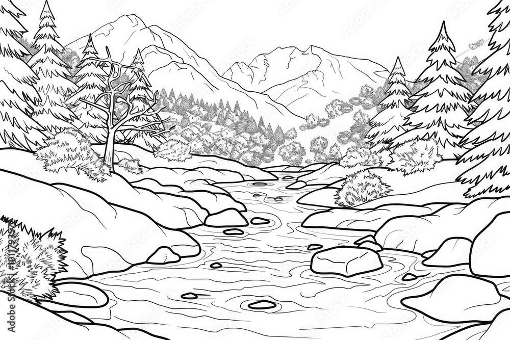 Fototapeta premium Coloring book illustration of a serene mountain stream surrounded by snow in winter