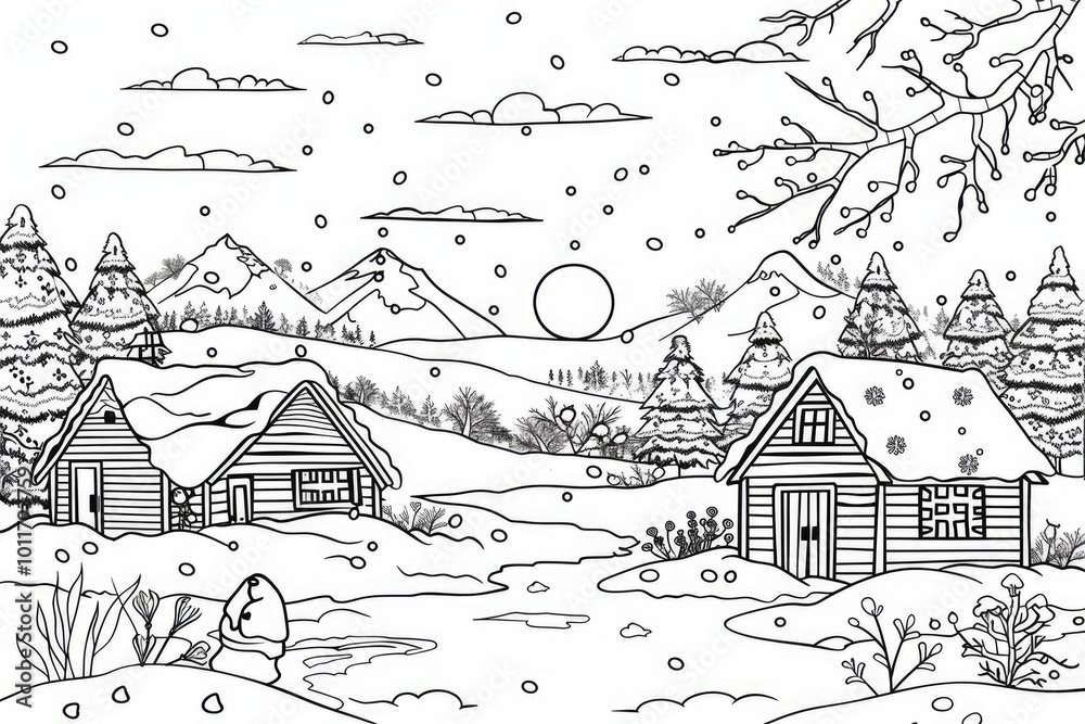 Obraz premium Coloring book illustration of a serene winter landscape with abundant snow featuring traditional huts and a beautiful sunset