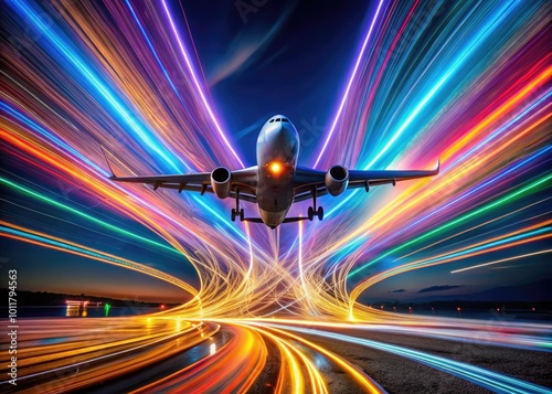 Abstract representation of aircraft in motion with dynamic lines and vibrant colors on a canvas