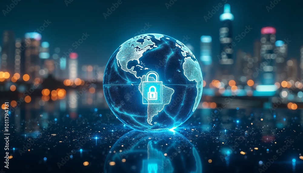 A Glowing Blue Holographic Globe with Lock Icon Symbolizing Global Cybersecurity and Internet Privacy Above a Night Cityscape A Glowing Blue Holographic Globe with Lock Icon Symbolizing Global Cybersecurity and Internet Privacy Above a Night Cityscape