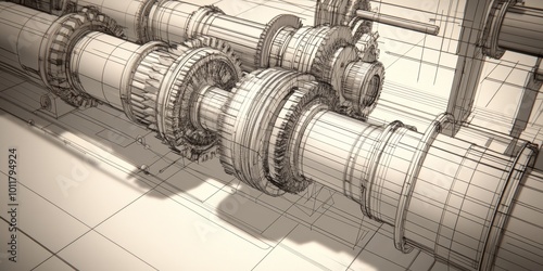 CAD Design: Illustrate a computer-aided design (CAD) screen showing a detailed 3D model of gears and machinery, highlighting the design process in mechanical engineering.