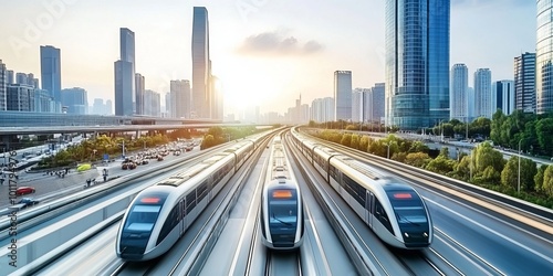 Wallpaper Mural Public Transport System: Depict a network of advanced public transportation, such as maglev trains and autonomous buses, seamlessly operating in a futuristic urban enviro Torontodigital.ca