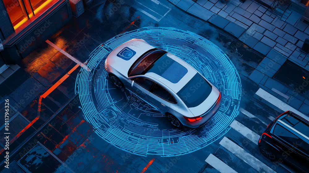 Obraz premium A smart car parking assist system is visualized from a top view, featuring autonomous technology for secure road scanning and self-parking, Ai