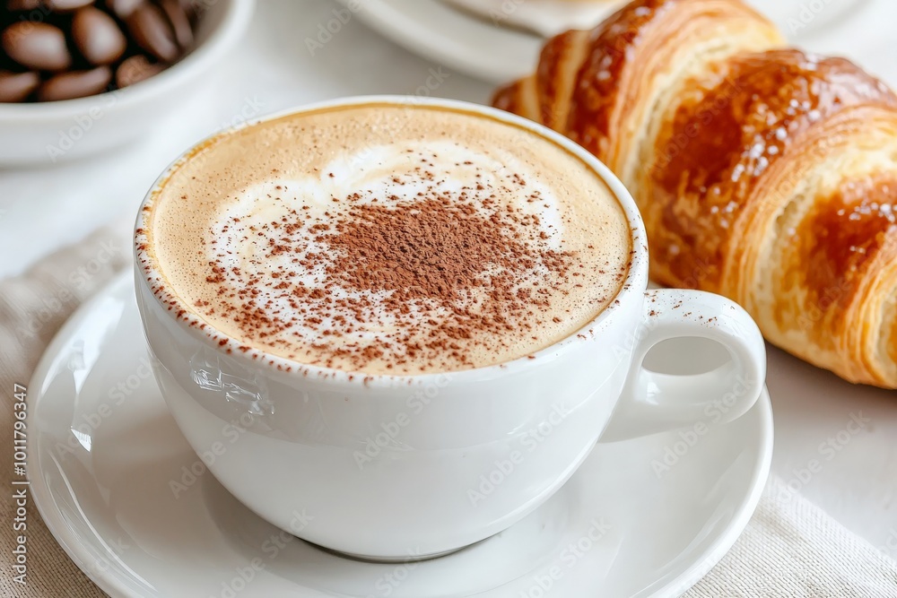 A creamy cappuccino with a perfect layer of foam served in a white cup, with a sprinkle of cocoa powder on top and a croissant on the side A creamy cappuccino with a perfect layer of foam served in a white cup, with a sprinkle of cocoa powder on top and a croissant on the side