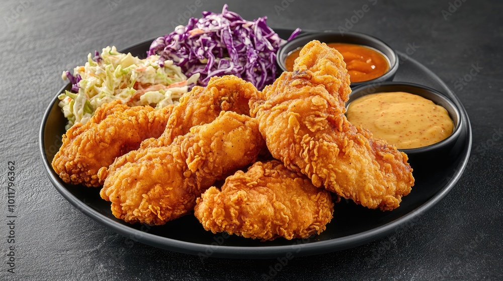 A plate of crispy fried chicken served with coleslaw and a side of sauce, placed on a dark stone surface with ample space for text or logos on the side. A plate of crispy fried chicken served with coleslaw and a side of sauce, placed on a dark stone surface with ample space for text or logos on the side.