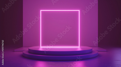 A minimalist stage with glowing pink neon square illuminated on a circular pedestal in a darkened room for artistic presentations