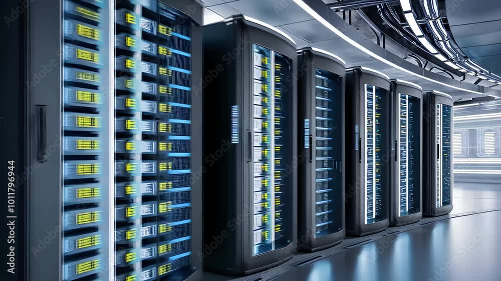 Futuristic Data Center with Rows of High-Tech Servers in a Controlled Environment Futuristic Data Center with Rows of High-Tech Servers in a Controlled Environment