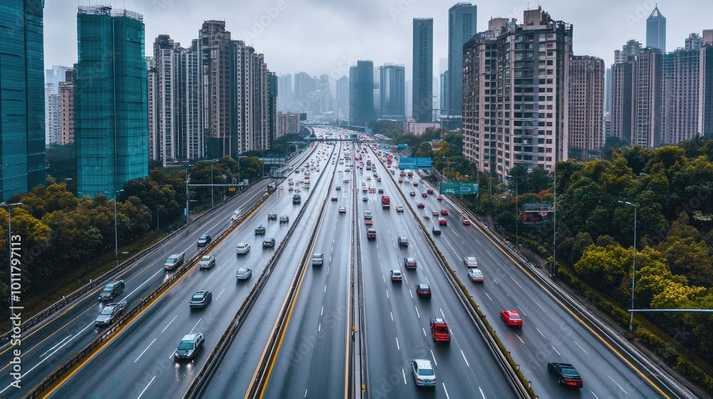 Fototapeta premium Urban Highway Traffic in Rainy City Landscape