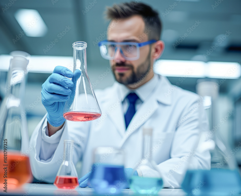 In the laboratory, a laboratory scientist mixes chemicals in a flask In the laboratory, a laboratory scientist mixes chemicals in a flask