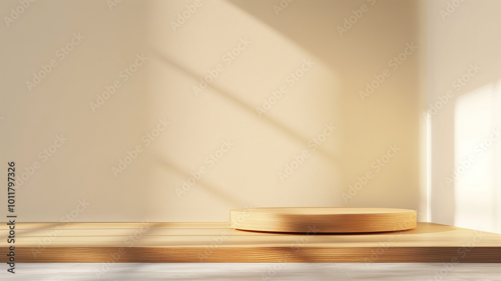 A minimalist wooden platform illuminated by soft light in a contemporary room corner, showcasing simplicity and tranquility