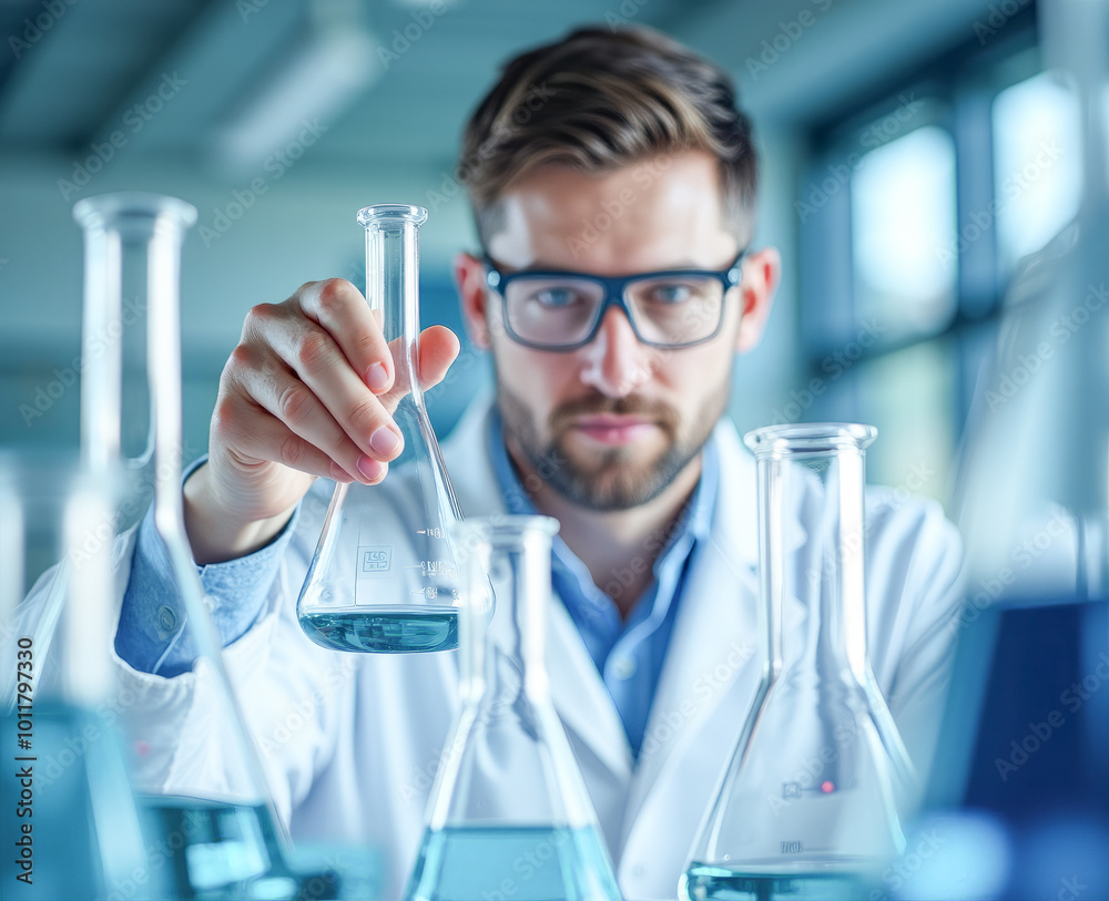 In the laboratory, a laboratory scientist mixes chemicals in a flask In the laboratory, a laboratory scientist mixes chemicals in a flask