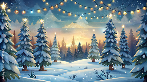 Charming snowy winter landscape with illuminated pine trees and lights at sunset
