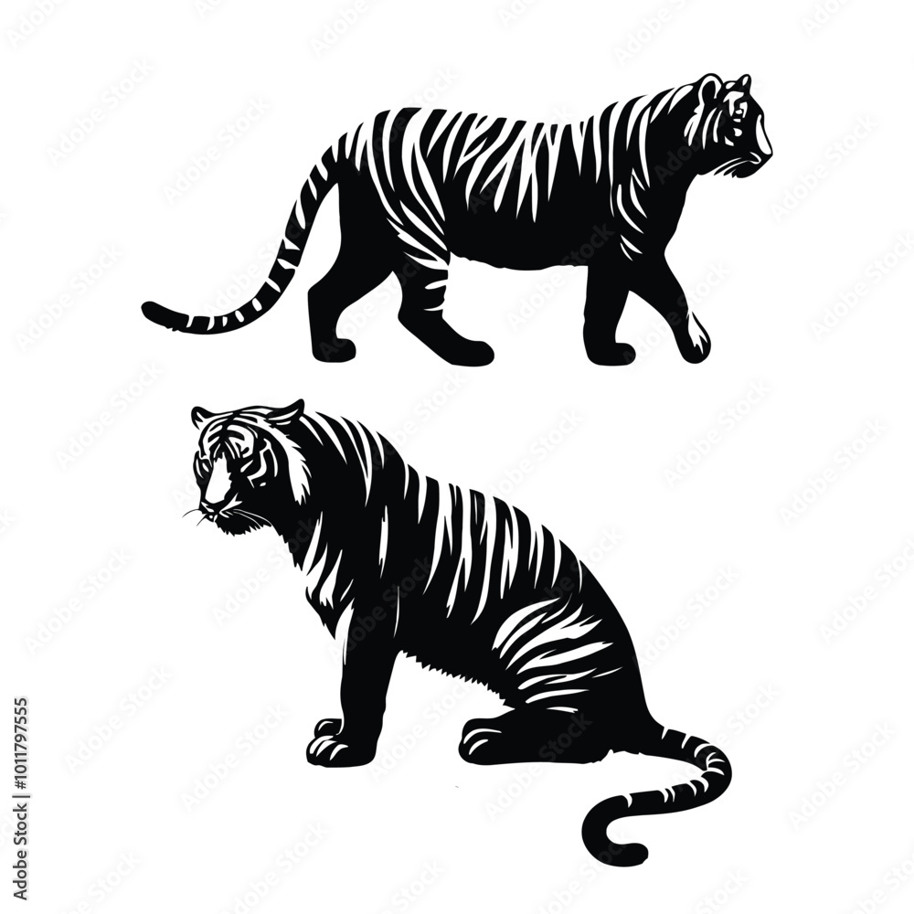 Obraz premium Tiger Silhouette Vector Set for Wildlife Illustrations, Tiger Silhouette for Logo or Wildlife Designs