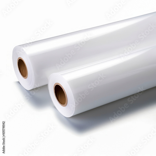 Close-up of two rolls of glossy clear plastic film, often used for packaging, wrapping, or industrial applications