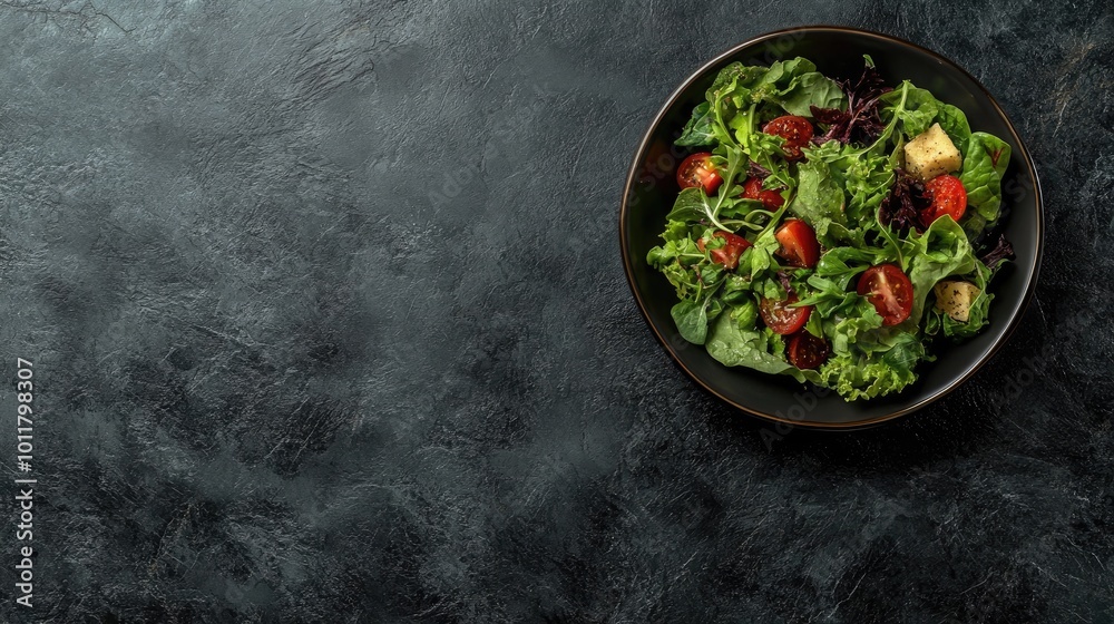 Aerial shot of a beautifully arranged Mediterranean salad on a black stone texture background, with open space for promotional text or captions on the right. Aerial shot of a beautifully arranged Mediterranean salad on a black stone texture background, with open space for promotional text or captions on the right.