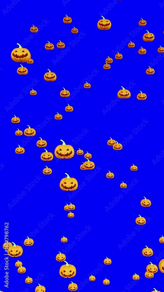 Halloween pumpkins falling on blue screen, Jack O Lantern, Chroma key, 3D rendering, Vertical video for smartphone footage Halloween pumpkins falling on blue screen, Jack O Lantern, Chroma key, 3D rendering, Vertical video for smartphone footage
