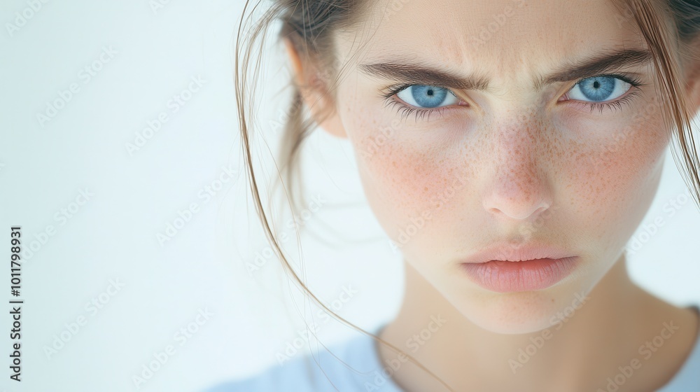 Close-up portrait of a young woman with pale skin and freckles, frowning intensely at camera Close-up portrait of a young woman with pale skin and freckles, frowning intensely at camera