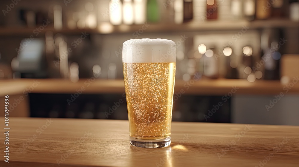 Close-up of a frothy beer in a glass, placed on a wooden bar counter in a casual pub setting. The minimalist decor and soft lighting create a comfortable atmosphere. Close-up of a frothy beer in a glass, placed on a wooden bar counter in a casual pub setting. The minimalist decor and soft lighting create a comfortable atmosphere.