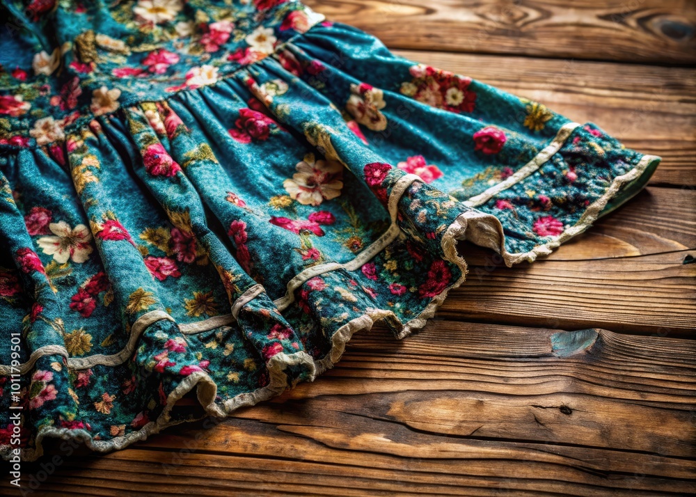 A Close-Up of a Torn Skirt on a Wooden Surface Highlighting Fabric Texture and Wear Patterns A Close-Up of a Torn Skirt on a Wooden Surface Highlighting Fabric Texture and Wear Patterns