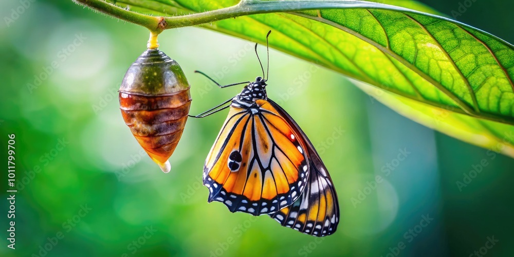 Fototapeta premium A Close-Up View of a Butterfly Pupa Hanging from a Leaf in Nature's Vibrant Environment
