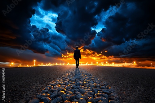 A figure walking alone on a barren street under a dark sky, with flickering streetlights illuminating their isolated journey, portraying the isolation of a nihilistic worldview photo