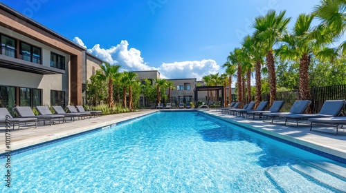 Modern Pool Area with Lush Palm Trees and Clear Water