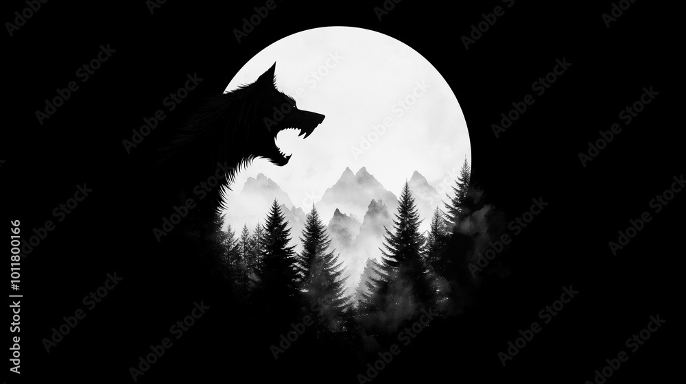 Fototapeta premium Silhouette of a werewolf blended with the full moon and dark forests, symbolizing Halloween monsters