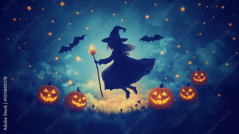 Silhouette of a witch flying on a broomstick blended with dark clouds and glowing jack-o’-lanterns, symbolizing Halloween magic Silhouette of a witch flying on a broomstick blended with dark clouds and glowing jack-o’-lanterns, symbolizing Halloween magic
