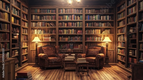 Cozy and Inviting Home Library with Rustic Bookshelves and Leather Armchairs