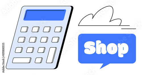 A calculator next to a blue shop speech bubble with a cloud above, it Ideal for finance online shopping e-commerce business accounting and retail