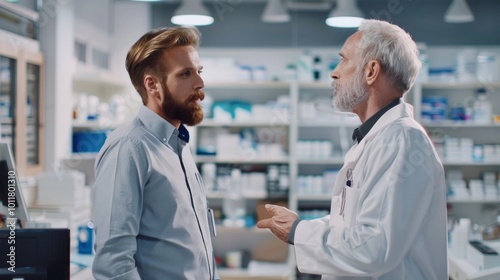 A man and a doctor are talking in a pharmacy