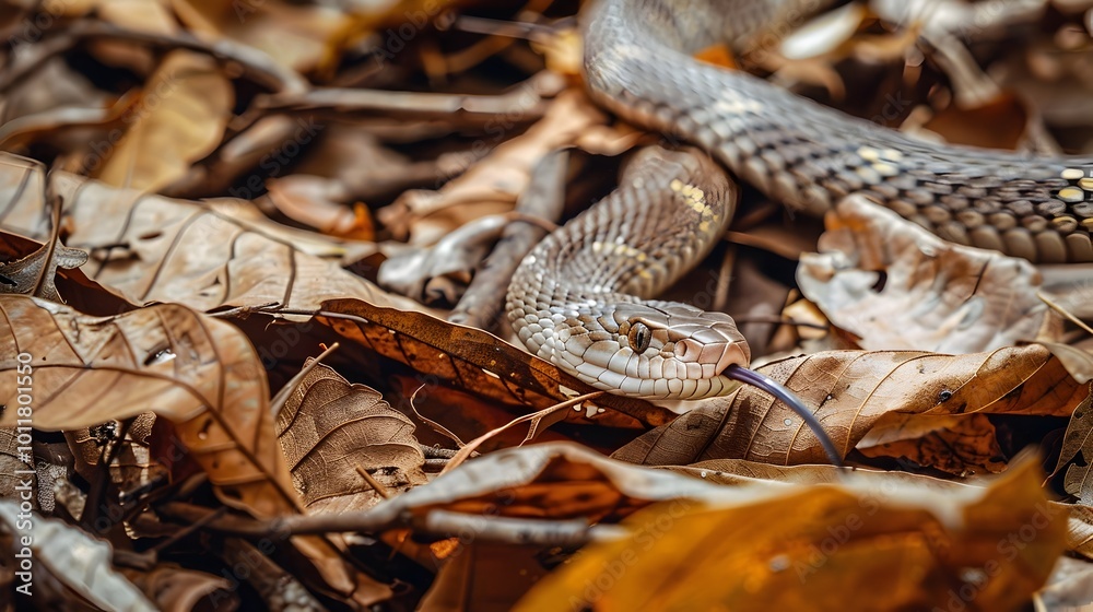 Snake Slithering Through Dry Fallen Leaves and Twigs in Arid Drought Stricken Landscape Snake Slithering Through Dry Fallen Leaves and Twigs in Arid Drought Stricken Landscape